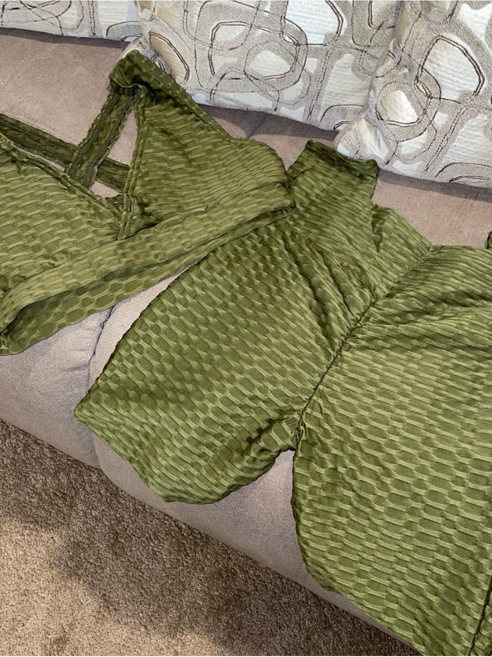Olive Green Textured Two-Piece Set - crop top XL , leggings SM